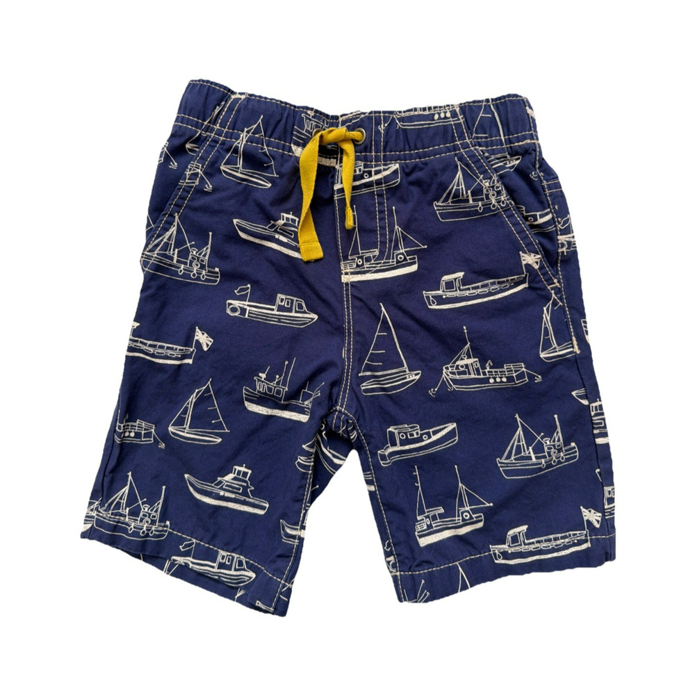 Mini Boden Shorts Boys 4Y Blue Boat Print Pull On Chino Pockets Cotton Nautical